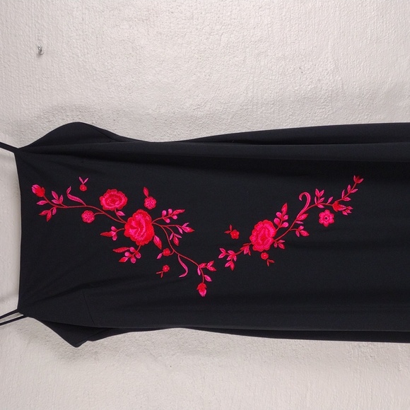 Arianna by Rachel Kaye Black Pink Embroidered Spaghetti Strap Floor Length Gown - Picture 12 of 16